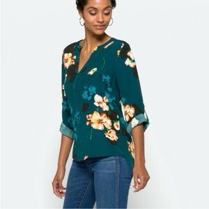 NWT Daniel Rainn Koda Split Neck Top in medium petite, teal green